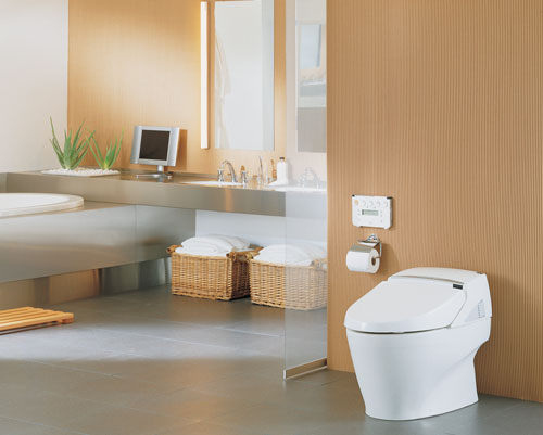 Modern, sleek, and energy-efficient, Toto’s Neorest tankless toilet offers a cyclone flush engine and dual flush water-conservation mode.